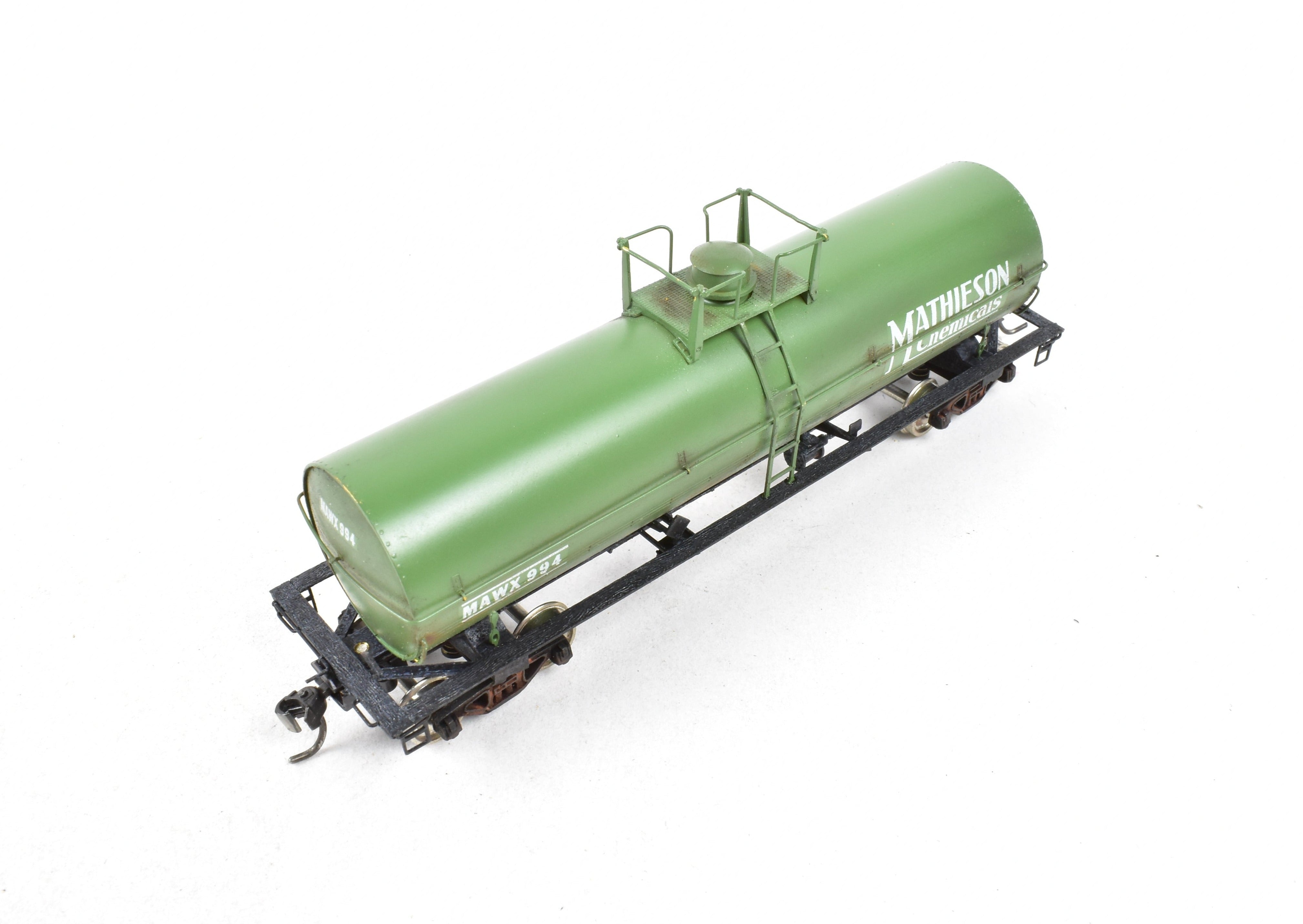 HO Scale Brass Precision Scale Co. 12,000 Gallon Tank Car Model Painted in Green with Mathieson Chemicals Decals