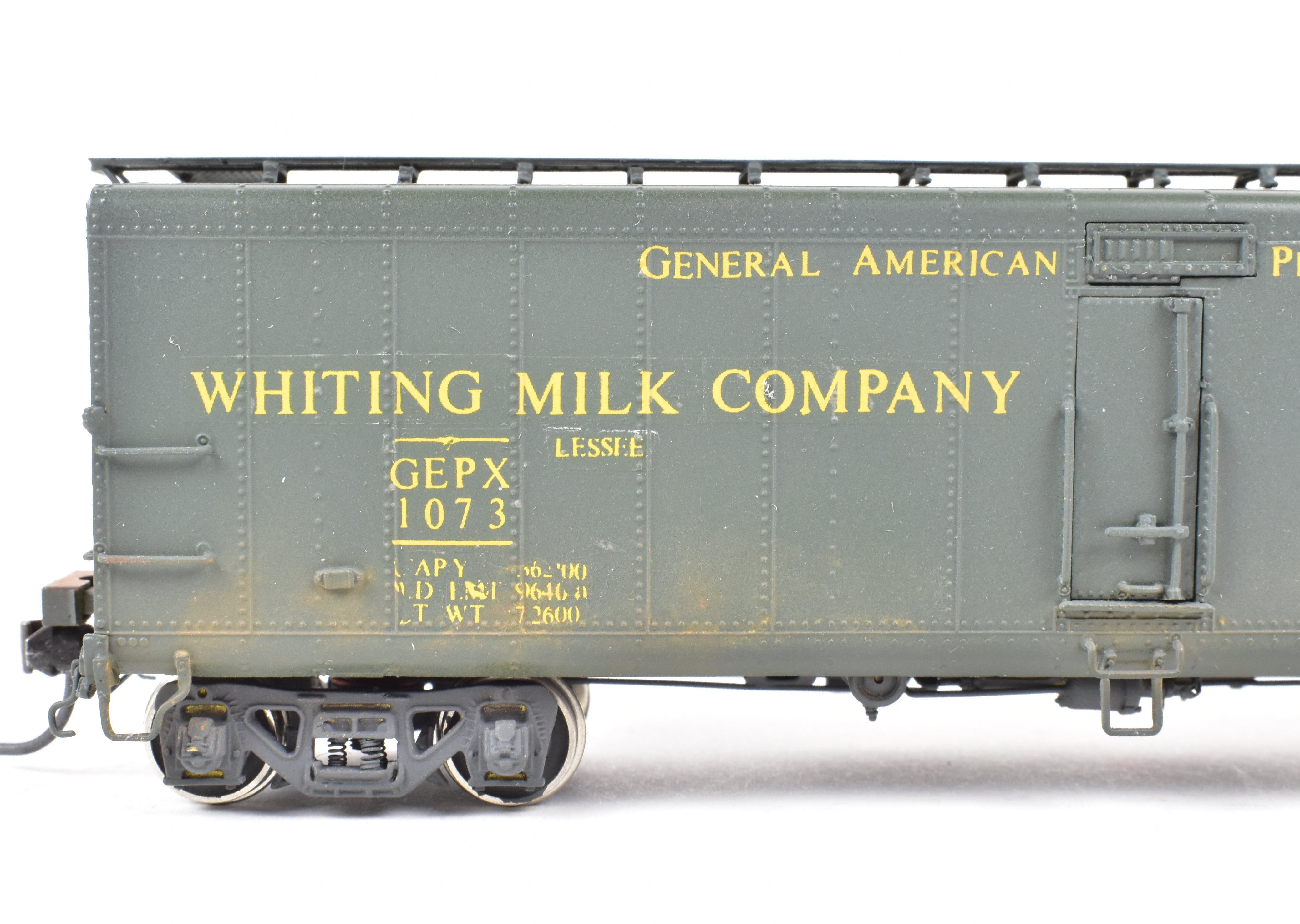 HO Scale Brass Milk Tank Car Model by Overland Models, Inc. (OMI) - Various Roads 40'6 GPEX 1073 Pfaudler, Lighted and Weathered for Realistic Display