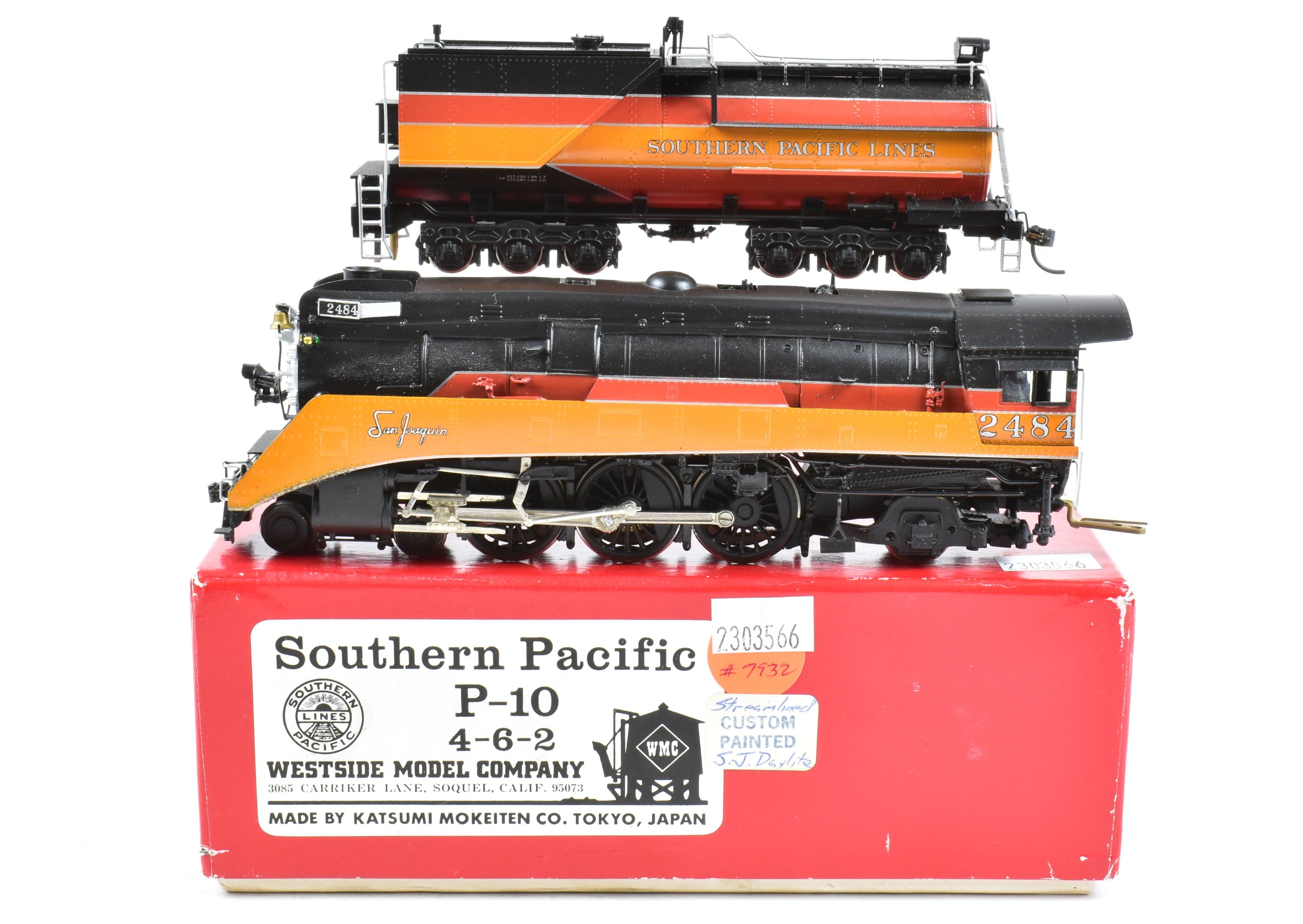 HO Scale Brass Model Train by Westside Model Co. - Southern Pacific Class P - 10 4 - 6 - 2 Streamlined Pro Painted Daylight No. 2484 with Can Motor Upgrade