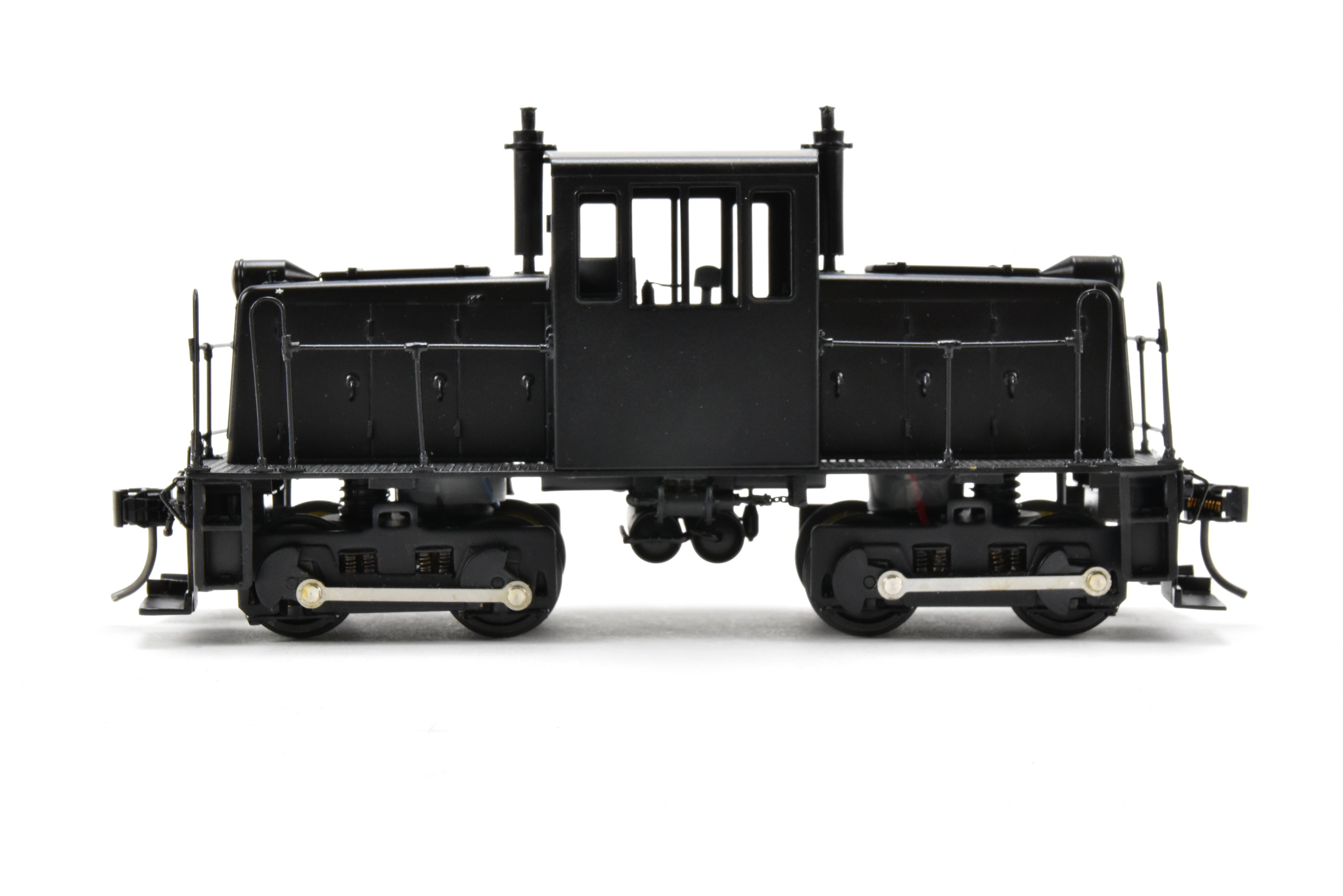 O Scale 1:48th Brass RYM - Rich Yoder Models 45 Ton Side-Rod Diesel FP in Glossy Black, Unlettered, Ideal for Shortline/Industrial Switching