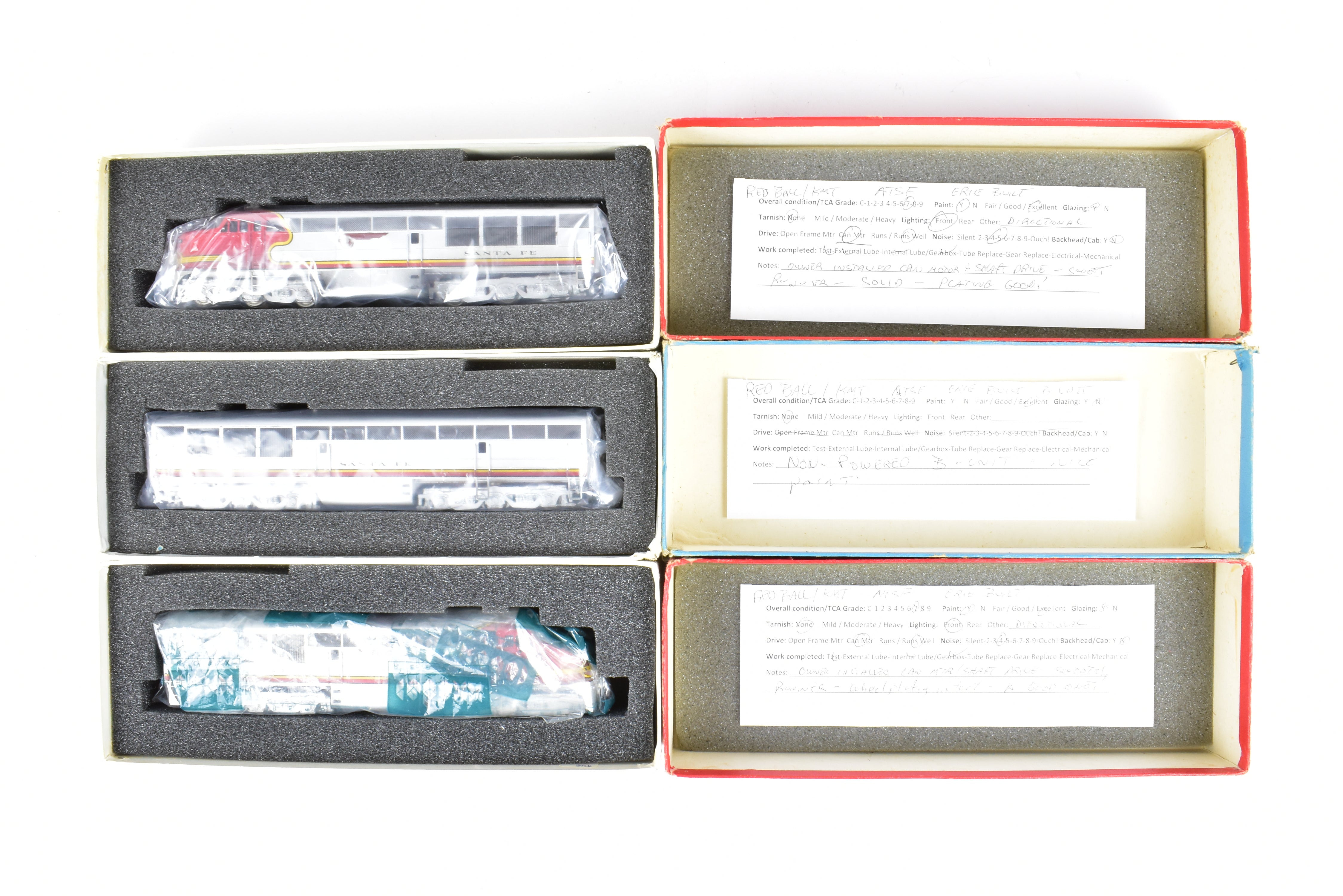 HO Scale Brass Red Ball AT&SF - Santa Fe Fairbanks Morse FM Erie Built A-B-A Set Model Trains with Custom Painted Finish and Can Motor Upgrades